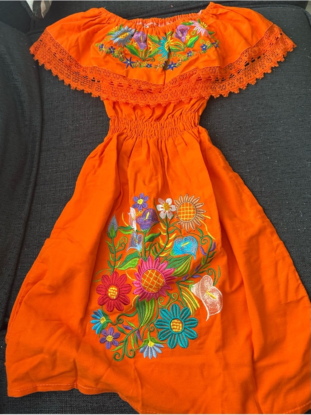 MEXICANA Orange Off-Shoulder Embroidered Floral Kids Dress